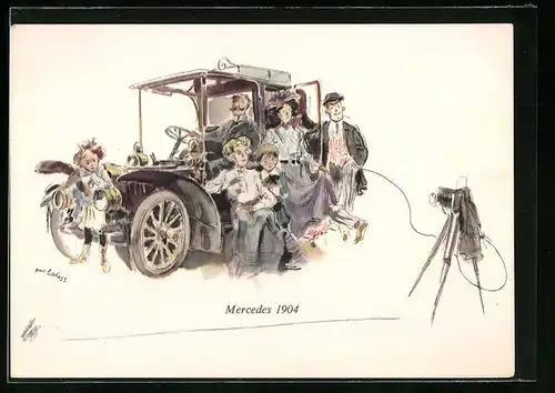 Künstler-AK Stuttgart, Herren und Damen am Auto von Mercedes vor Fotoapparat 1904