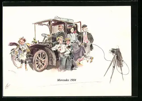 Künstler-AK Stuttgart, Herren und Damen am Auto von Mercedes vor Fotoapparat 1904