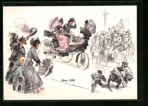Künstler-AK Stuttgart, Herr mit zwei Damen im Auto von Benz 1888