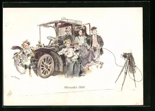 Künstler-AK Stuttgart, Herren und Damen am Auto von Mercedes vor Fotoapparat 1904