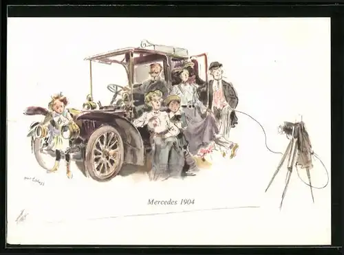 Künstler-AK Stuttgart, Herren und Damen am Auto von Mercedes vor Fotoapparat 1904