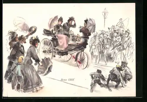 Künstler-AK Stuttgart, Herr mit zwei Damen im Auto von Benz 1888