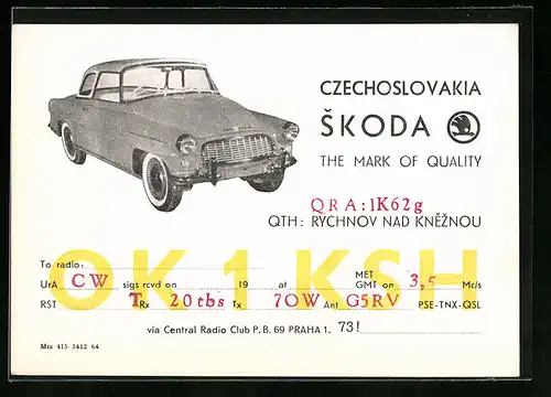 AK Czechoslovakia Skoda, The Mark of Quality, Auto, Reklame