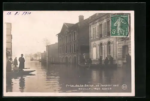 AK Neuilly, Crue de la Seine 1910, Rue Soyer, Strassenpartie bei Hochwasser