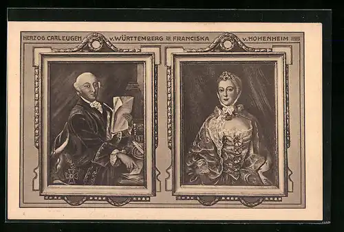Künstler-AK Stuttgart, Schloss Solitude, Herzog Carl Eugen von Württemberg u. Franciska von Hohenheim