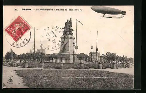 AK Puteaux, Le Monument de la Défense de Paris 1870-71, Zeppelin