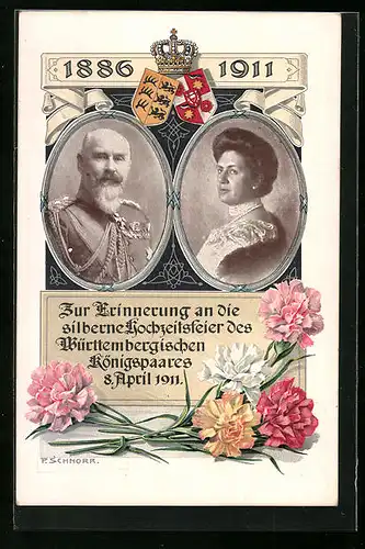 AK Zur Erinnerung an die silberne Hochzeitsfeier des Württembergischen Königspaares, 1886-1911, Ganzsache