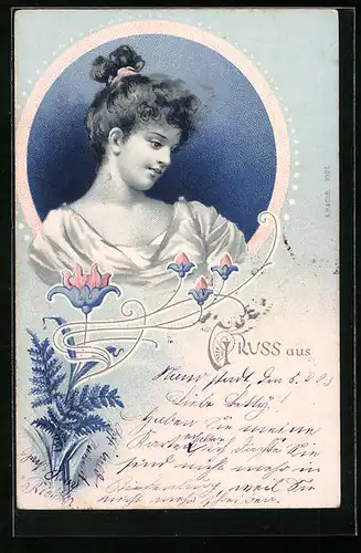 AK Nachdenkliche junge Dame im Porträt, Jugendstil