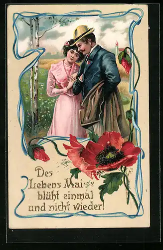 AK Verliebtes Paar beim Frühlingsspaziergang, Jugendstil