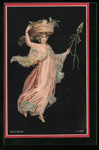AK Junge Dame im wallenden Gewand balanciert einen Korb auf dem Kopf, Baccante, Jugendstil