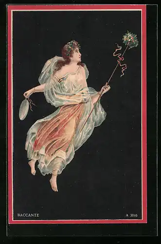 AK Junge Frau im wallenden Gewand hält einen Blütenstab in der Hand, Baccante, Jugendstil