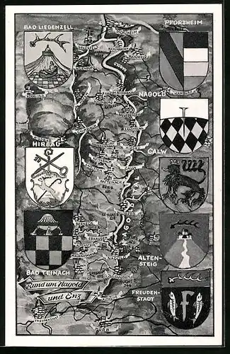 AK Hirsau, Landkarte mit Wappen rund um Nagold und Enz