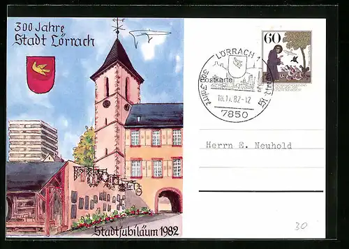 Künstler-AK Lörrach, 300 Jahre Stadt Lörrach mit Rathaus