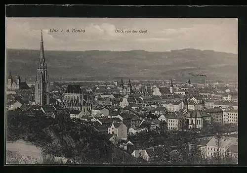 AK Linz a. d. Donau, Blick von der Gugl auf den Ort mit Kirche