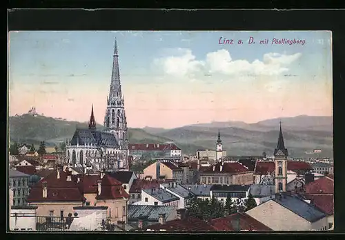 AK Linz a. D., Teilansicht mit Kirche und Pöstlingberg