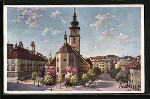 AK Linz, Pfarrplatz mit Kirche und Litfasssäule