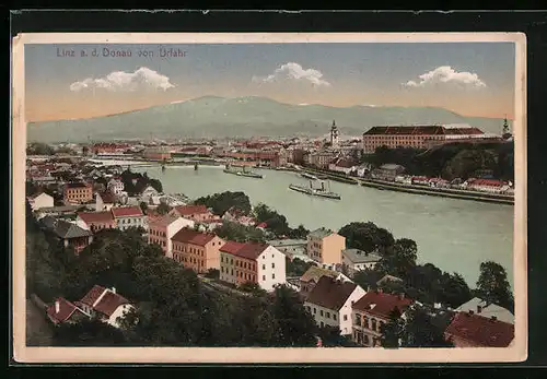 AK Linz a. d. Donau, Teilansicht mit Dampfern von Urfahr aus