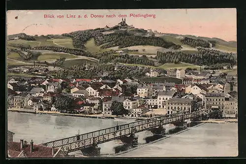 AK Linz a. d. Donau, Blick vom Ort nach dem Pöstlingberg mit Brücke