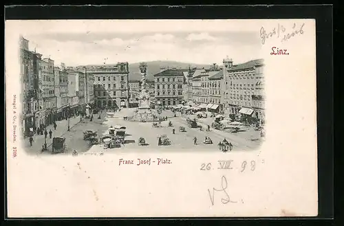 AK Linz, Franz Josef-Platz mit Geschäften und Denkmal