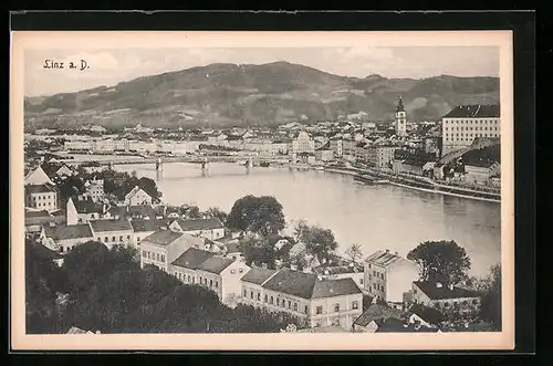 AK Linz a. D., Uferpartie mit Brücke