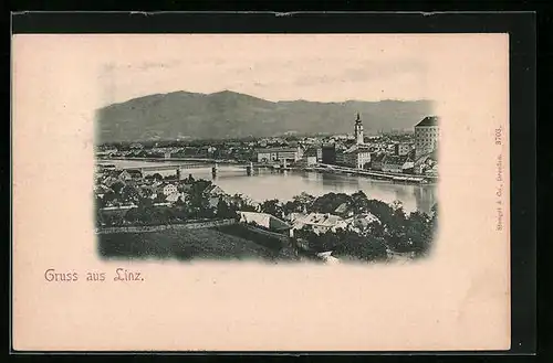 AK Linz, Uferpartie mit Brücke