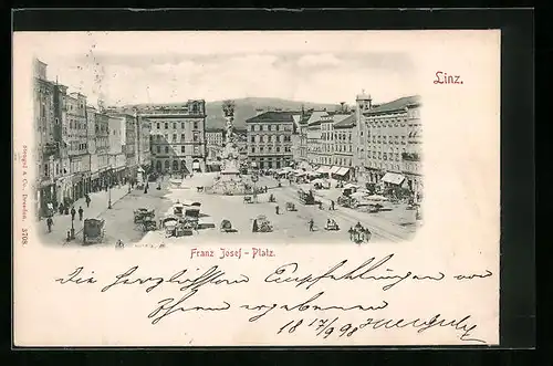 AK Linz, Franz Josef-Platz mit Geschäften und Denkmal