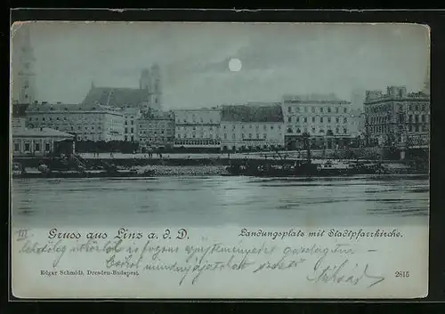 Mondschein-AK Linz a. d. D., Landungsplatz mit Stadtpfarrkirche