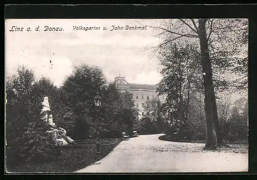 AK Linz a. D., Volksgarten u. Jahn-Denkmal