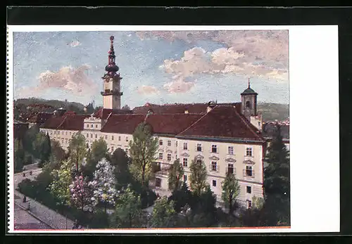 Künstler-AK Linz a. D., Ortspartie mit Landhaus