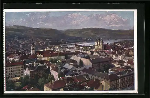 Künstler-AK Linz a. D., Ortsansicht aus der Vogelschau