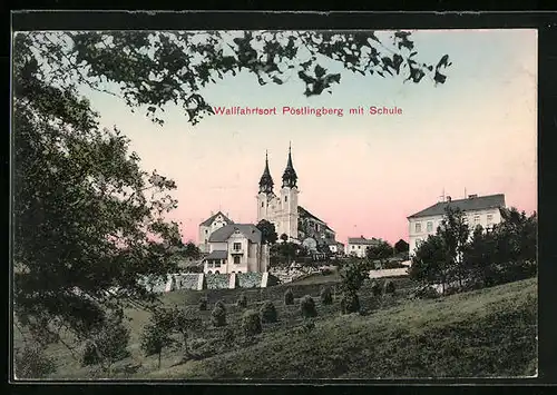 AK Pöstlingberg b. Linz a. D., Wallfahrtskirche mit Schule