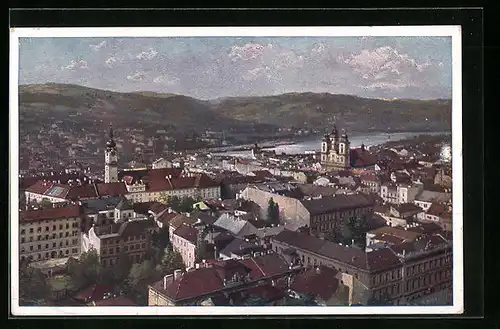 Künstler-AK Linz a. D., Ortsansicht aus der Vogelschau