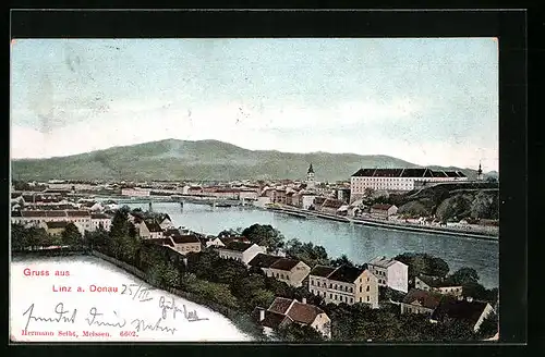 AK Linz a. D., Ortsansicht mit Donaupartie aus der Vogelschau