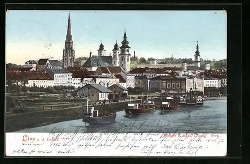 AK Linz a. D., Donaupartie mit Dom und Wallfahrtskirche