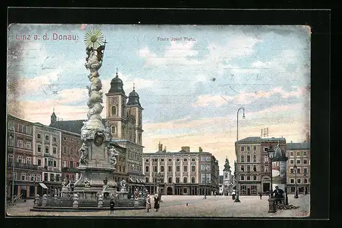 AK Linz a. D., Strassenpartie am Franz Josef Platz