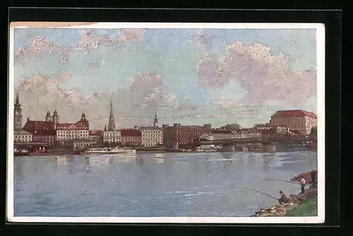 Künstler-AK Linz a. D., Blick auf die Donau mit Stadtpanorama