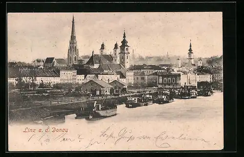 AK Linz /Donau, Teilansicht mit Schiffen
