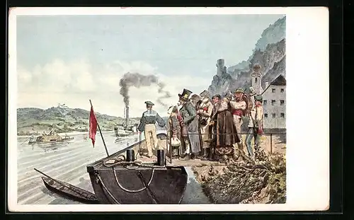 Künstler-AK Linz /Donau, Gemälde Ankunft des Linzer Postdampfers