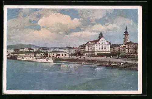 Künstler-AK Linz /Donau, Landungsplatz und Hotel Erzherzog Karl