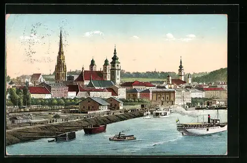 Künstler-AK Linz /Donau, Teilansicht mit Dampfer
