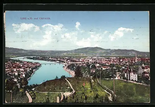 AK Linz /Donau, Ortsansicht Linz und Urfahr aus der Vogelschau