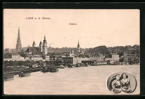 AK Linz /Donau, Stadtansicht mit Hafen, Linzerinnen
