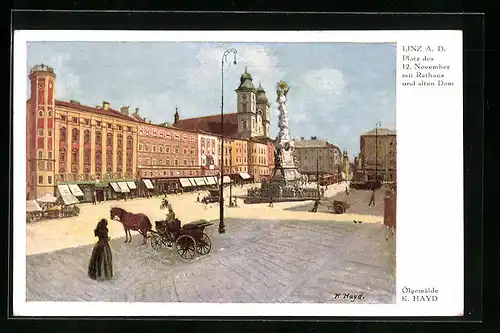 Künstler-AK Linz /Donau, Platz des 12. November mit Rathaus und altem Dom