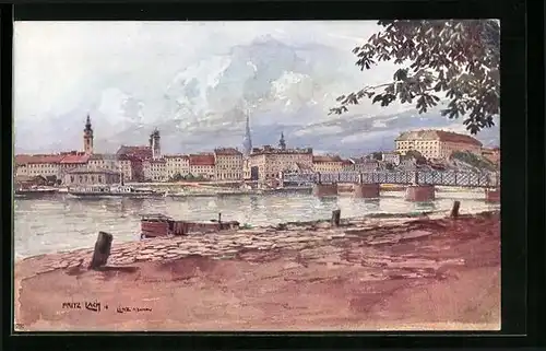 Künstler-AK Linz /Donau, Ortsansicht vom gegenüberliegenden Donauufer aus