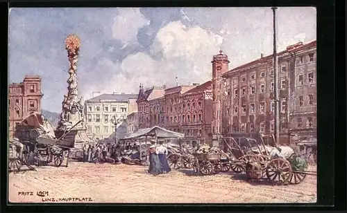 Künstler-AK Linz /Donau, Hauptplatz mit Marktgeschehen
