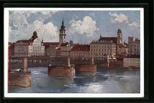 Künstler-AK Linz /Donau, Teilansicht mit Donaubrücke