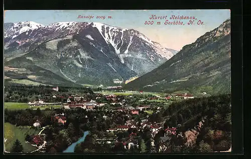 AK Reichenau, Kurort aus der Vogelschau, Raxalpe
