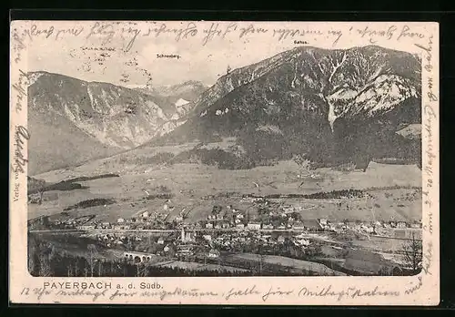 AK Payerbach a. d. Südb., Ortspartie aus der Vogelschau, Schneeberg, Gahus
