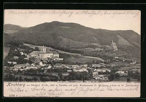 AK Kirchberg a. Wechsel, Ortspartie aus der Vogelschau, goth. Kirchenruine St. Wolfgang, 15. Jahrhundert