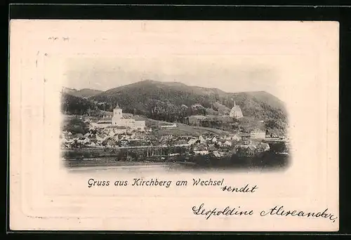 Präge-AK Kirchberg a. Wechsel, Ortspartie mit Kirche vor Bergpanorama